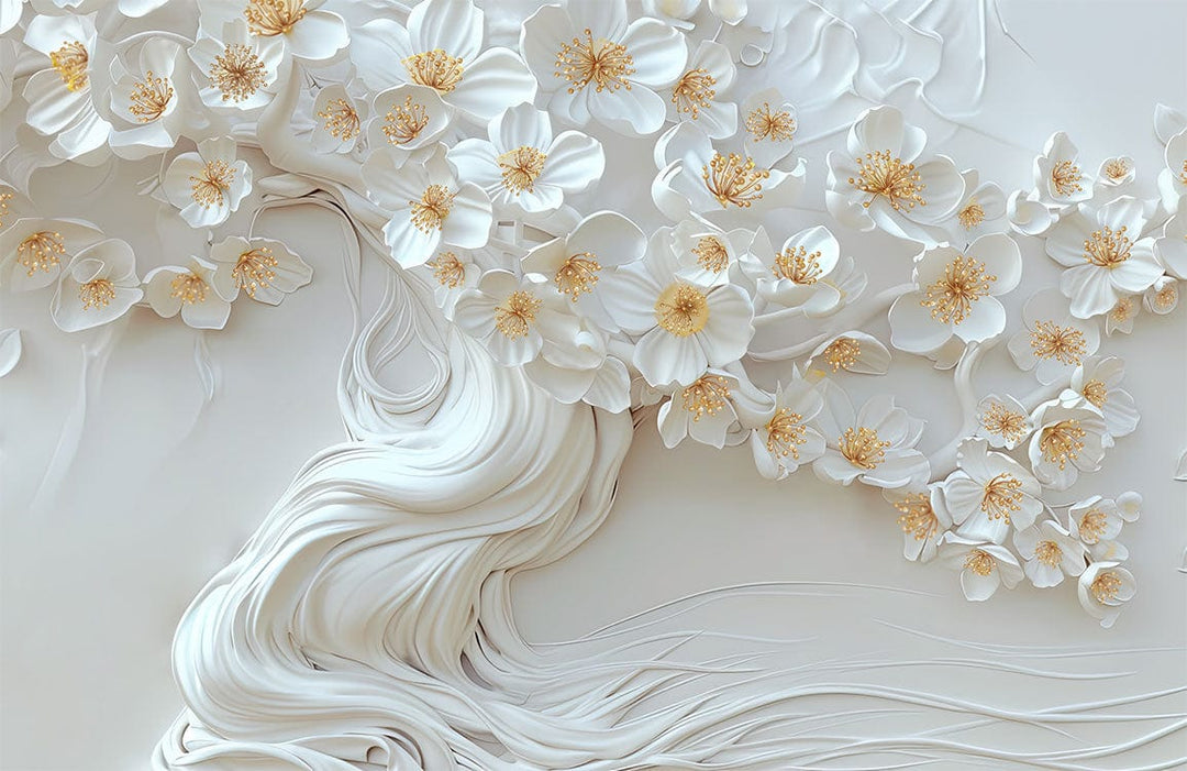 Elegant White Floral Blossom 3D Mural Wallpaper for Luxurious Interiors