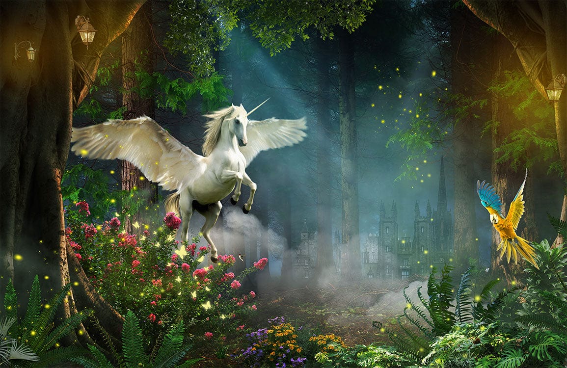 Magical Unicorn Enchanted Forest Mural Wallpaper - Fantasy Wonderland Design