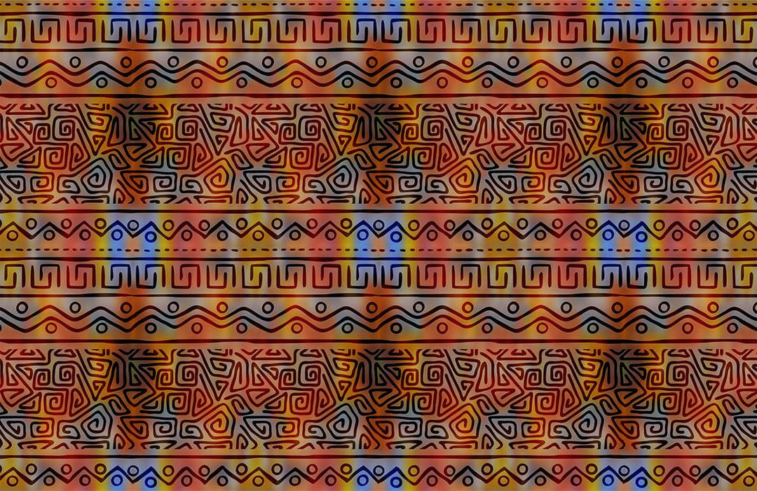 Vibrant Tribal Geometric Patterned Wallpaper with Orange and Blue Accents