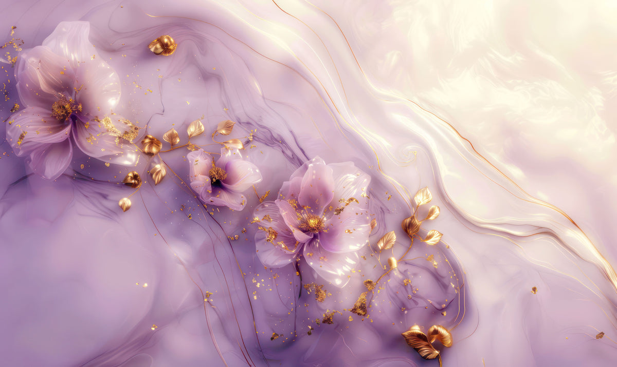 Luxurious Lavender Floral Mural Wallpaper with Gold Accents - Elegant Wall Decor
