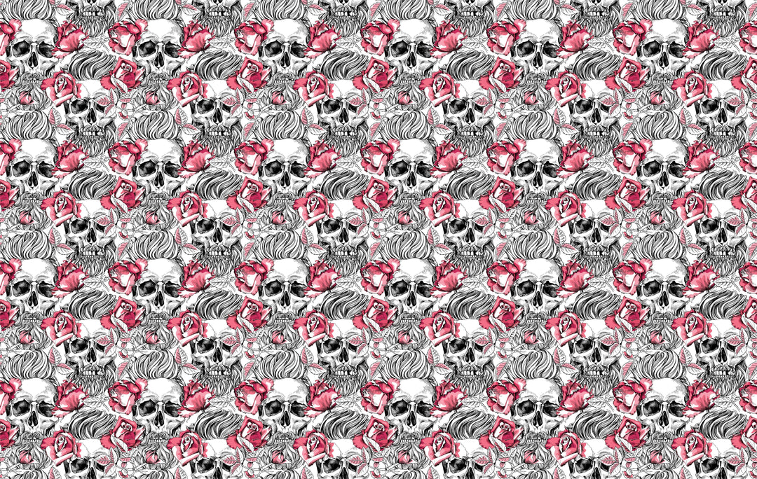 Black and White Skull Tattoo Art Wallpaper with Red Roses Design