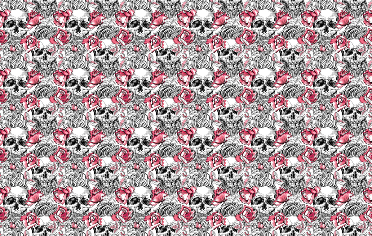 Black and White Skull Tattoo Art Wallpaper with Red Roses Design
