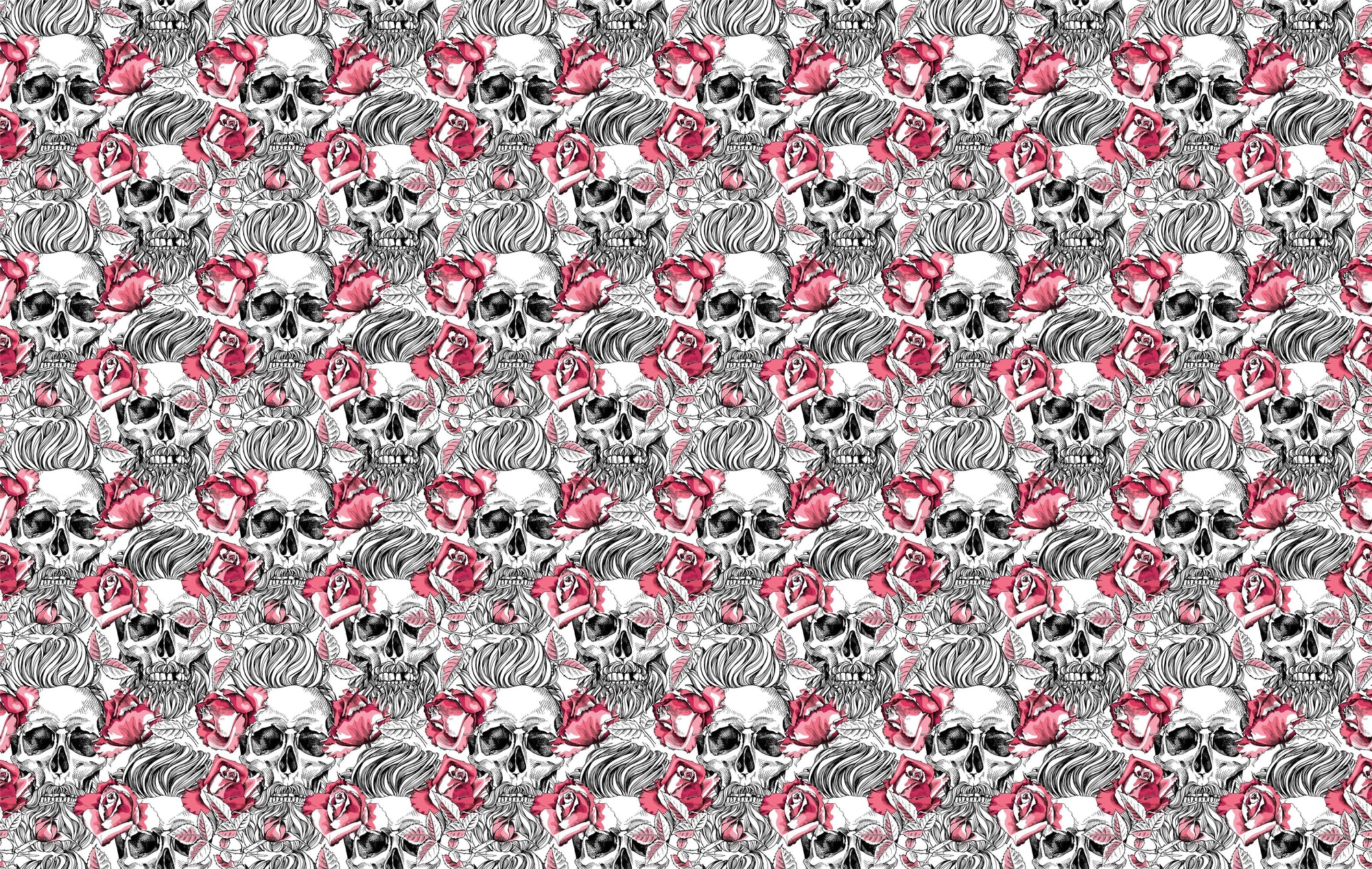 Black and White Skull Tattoo Art Wallpaper with Red Roses Design