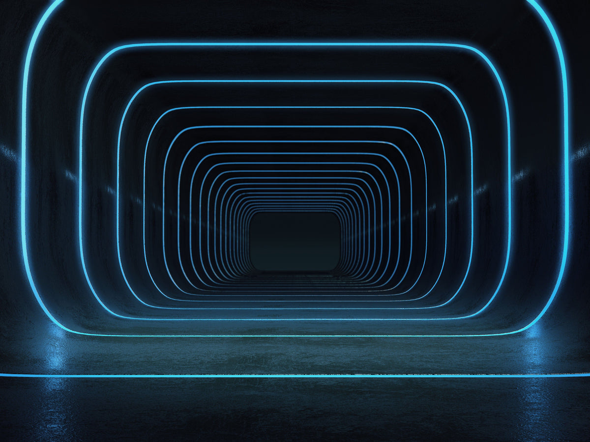 Futuristic Blue Neon Tunnel Effect Mural Wallpaper for Modern Interiors