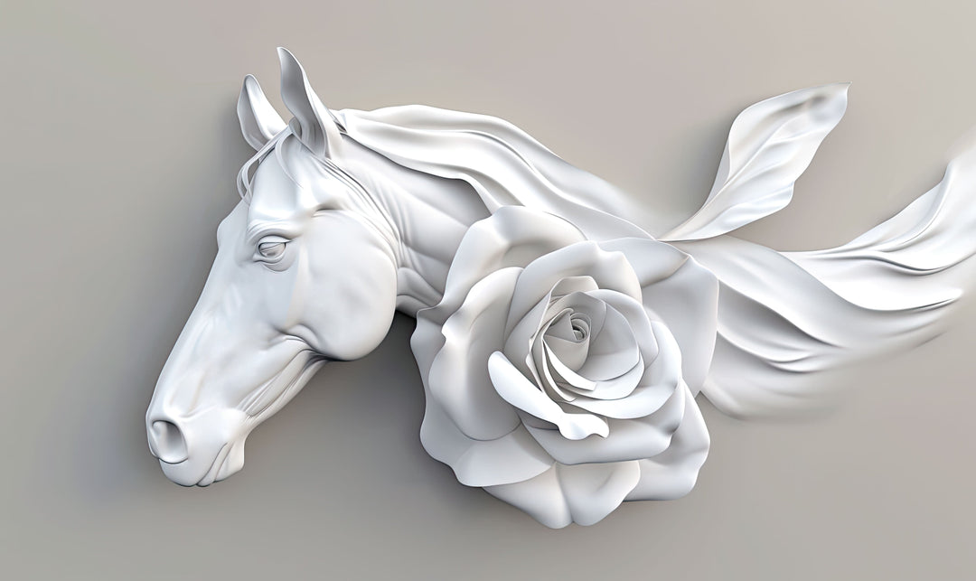 Ethereal White Horse and Rose Mural Wallpaper | Elegant 3D Art Design