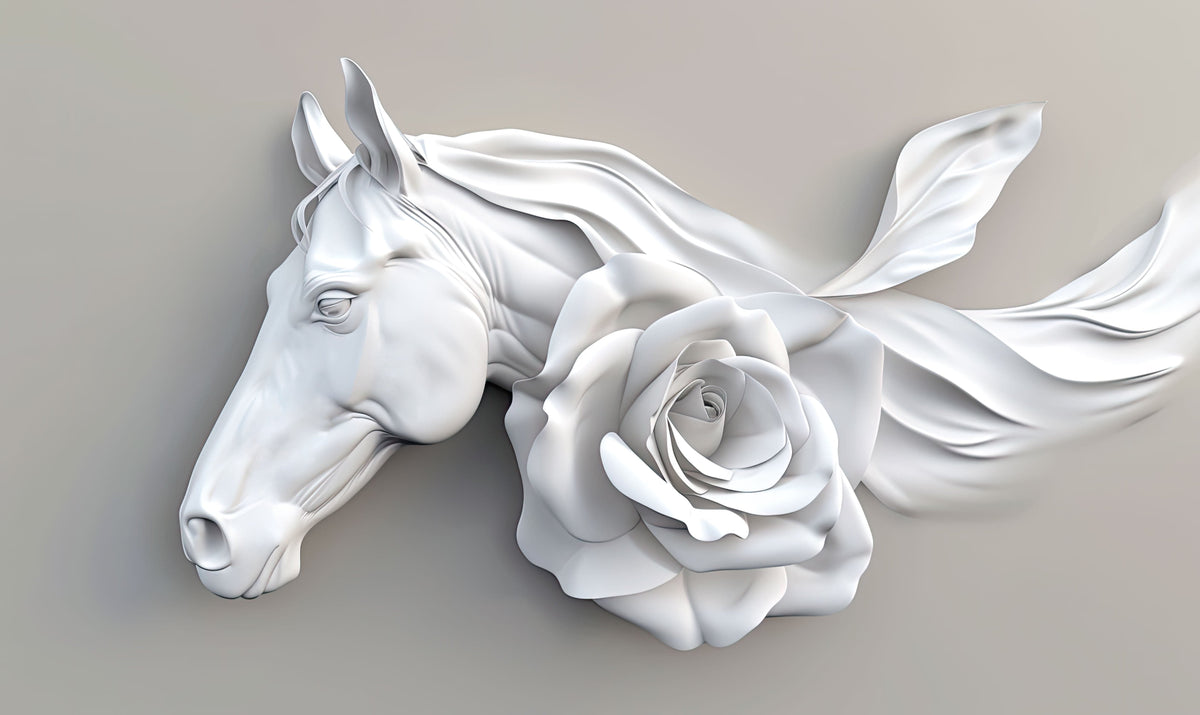 Ethereal White Horse and Rose Mural Wallpaper | Elegant 3D Art Design