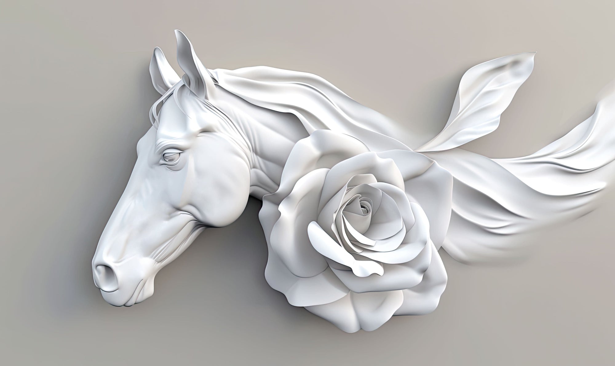 Ethereal White Horse and Rose Mural Wallpaper | Elegant 3D Art Design