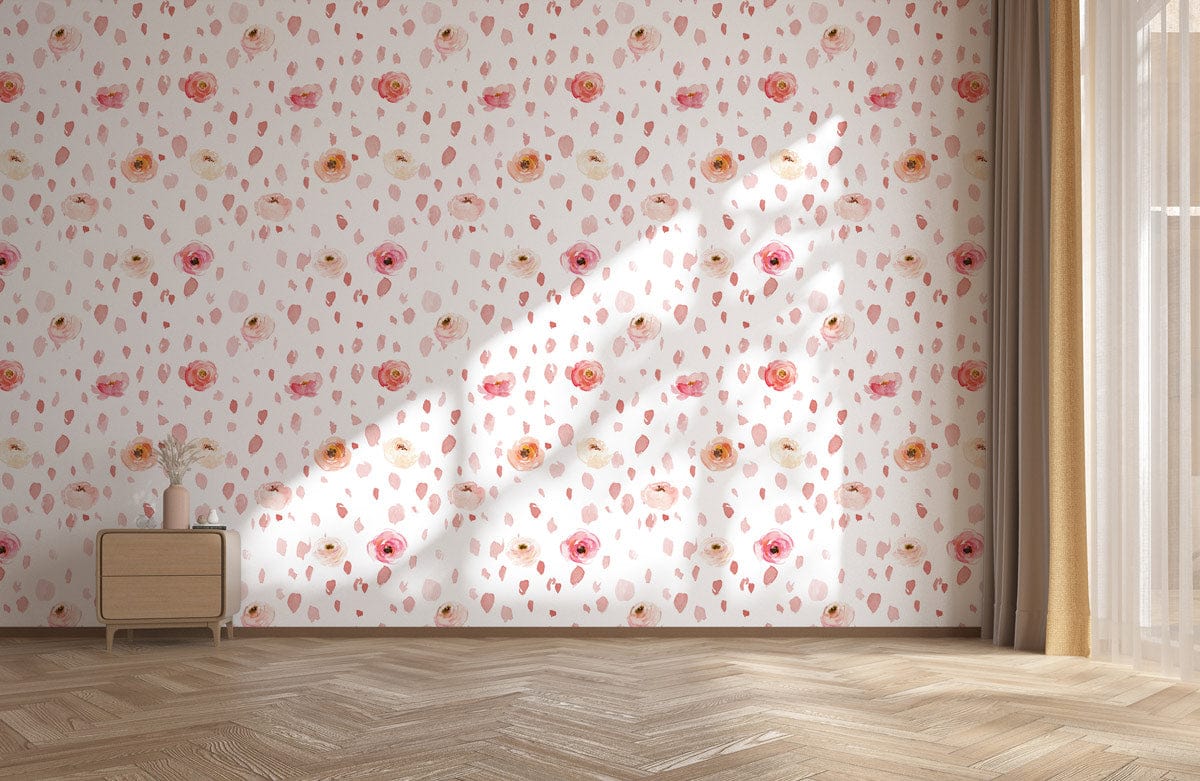 Delicate Pink Rose Floral Watercolour Pattern Wallpaper in modern living room with wooden flooring, minimal decor.