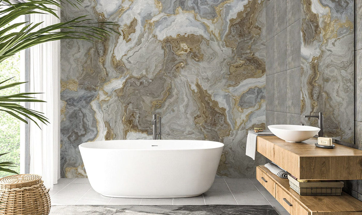 Elegant bathroom with Marble Elegance wallpaper backdrop, featuring a white bathtub and wooden vanity.