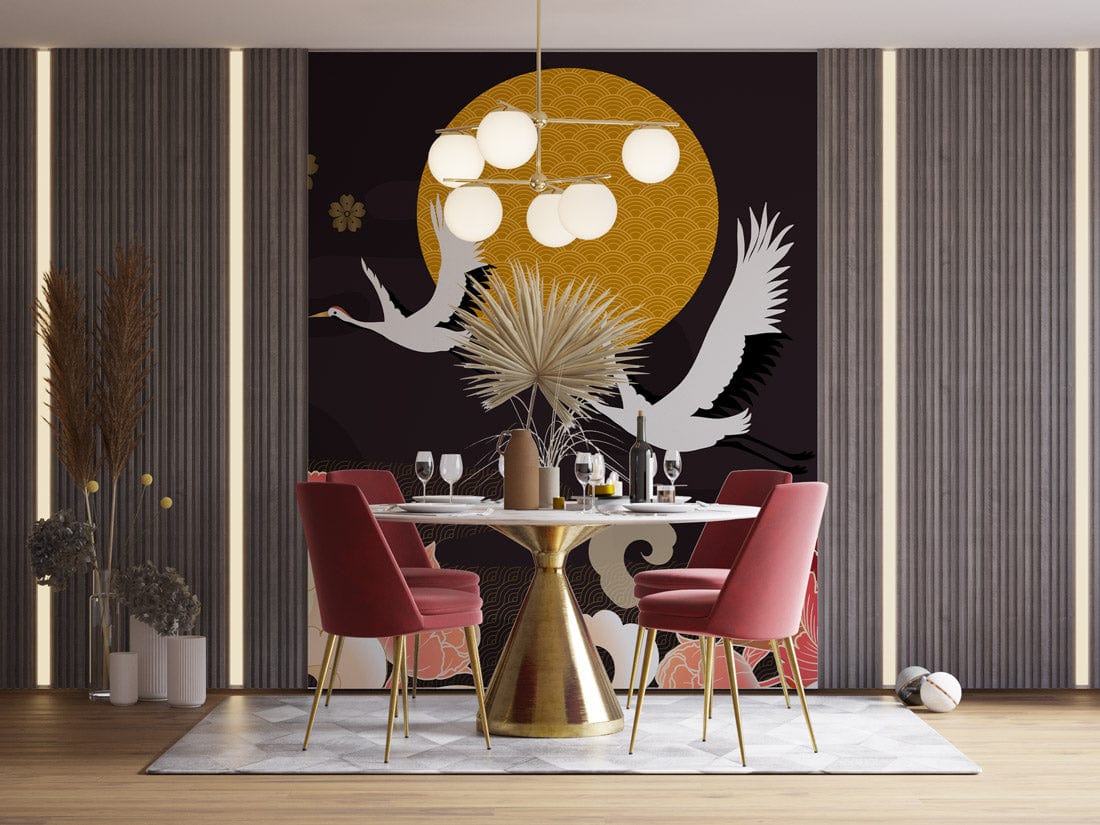 Elegant dining room with Japanese Crane and Floral Wallpaper Mural, gold accents, red chairs, wooden flooring.