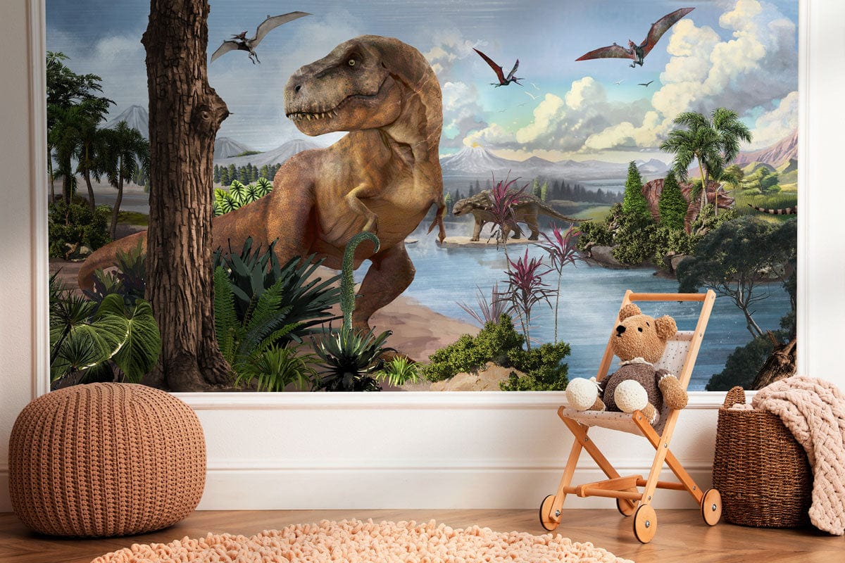 Kids' room with Prehistoric Dinosaurs Mural Wallpaper, wicker chair, neutral rug, and wooden flooring.