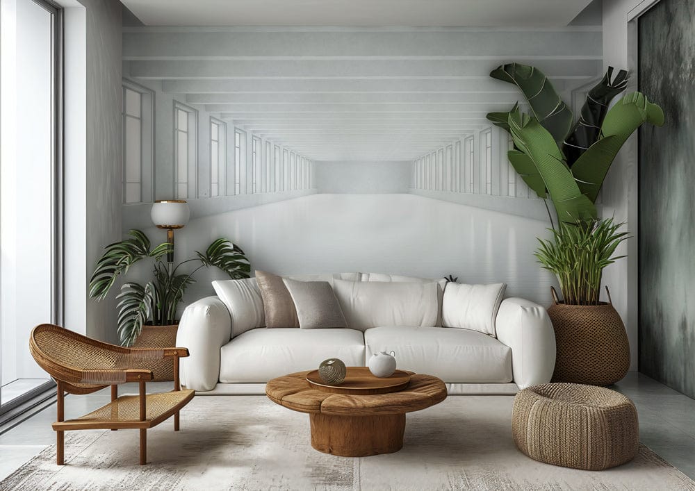 Minimalist white mural wallpaper, spacious interior, white sofa, wooden table, stylish armchair, green plants.