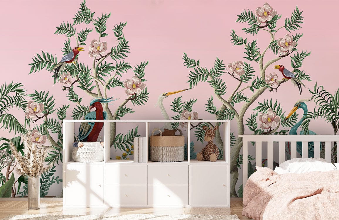 Elegant Pastel Botanical Bird Mural Wallpaper in nursery with pink walls, white crib, storage unit.