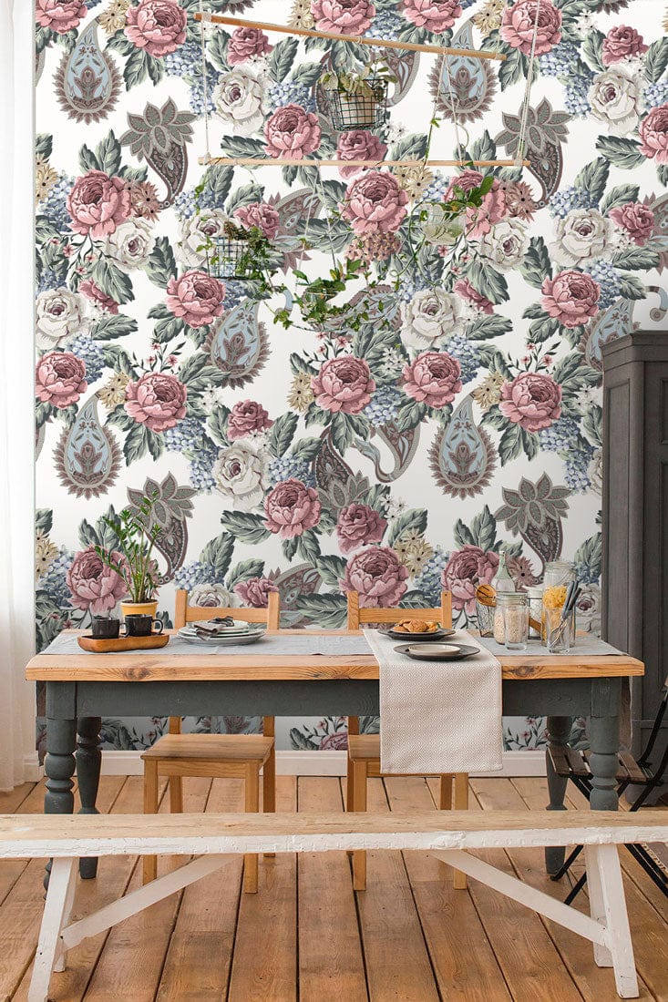 Vintage Floral Elegance Wallpaper, dining room, wooden flooring, rustic table, pink roses, green foliage.