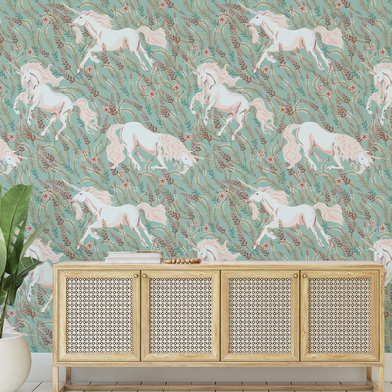 Elegant pastel unicorn wallpaper with whimsical nature theme, wooden cabinet, living room setting.
