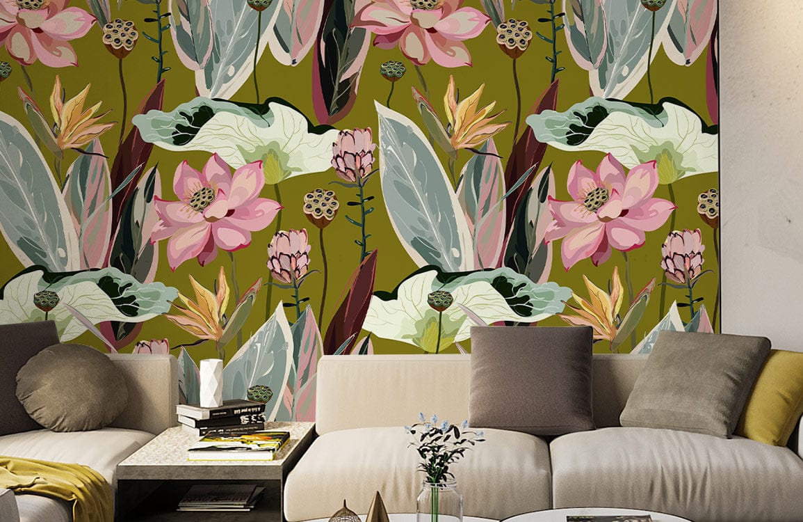 Elegant Botanical Oasis mural wallpaper in living room with modern beige sofa and neutral cushions.