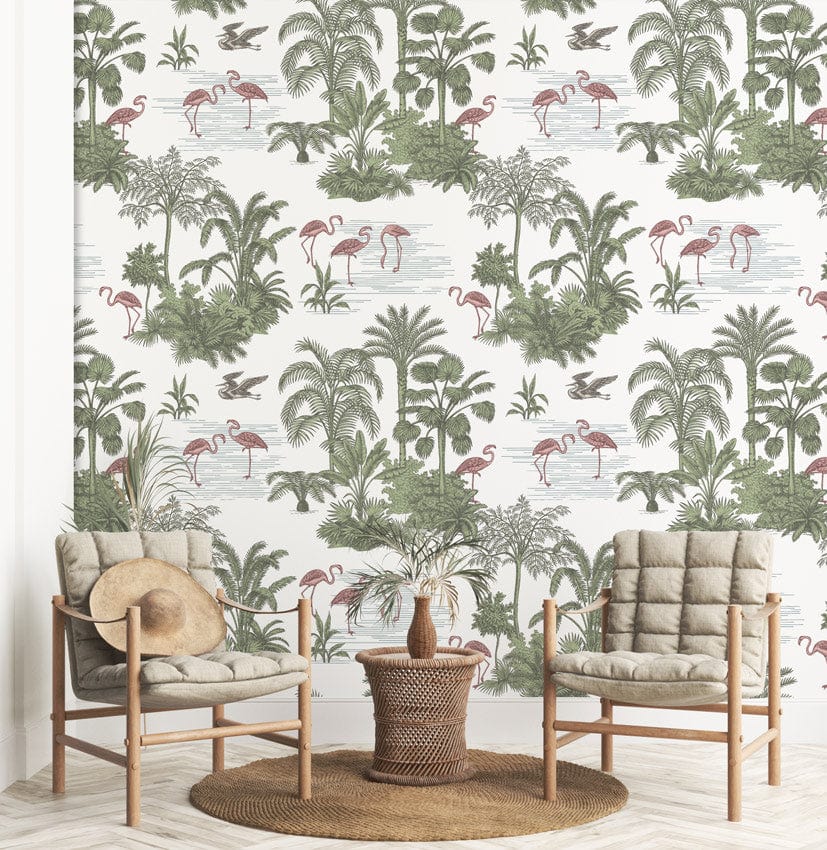 Elegant Tropical Flamingo Wallpaper decor in stylish living room with wicker furniture, green-white theme.
