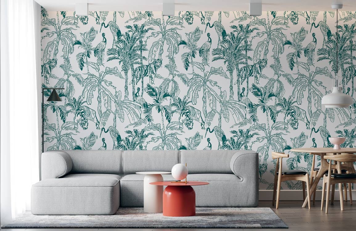 Tropical Oasis green botanical wall mural with light grey sofa, wooden dining set, modern pendant light.