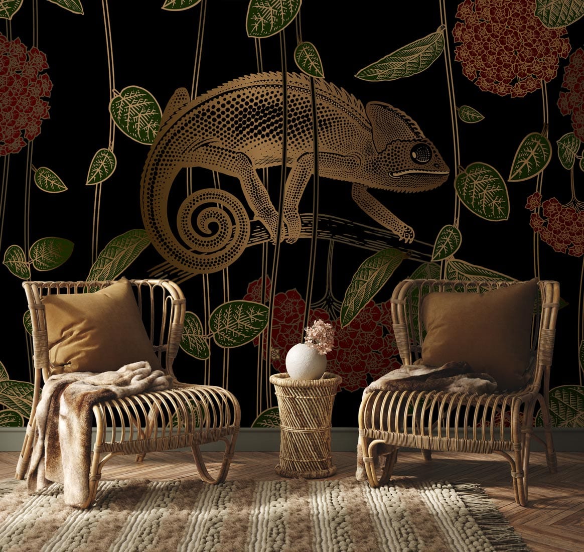 Exotic Chameleon Jungle Wallpaper in black, gold, with rattan chairs, plush cushions, shaggy rug.