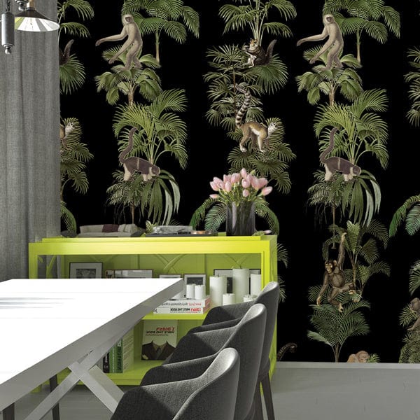 Tropical Jungle Safari Monkeys Wallpaper, green and black, modern dining room, grey chairs, neon shelf.