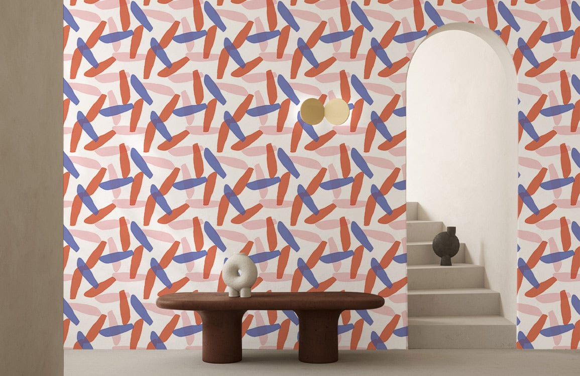 Geometric abstract red and blue wallpaper, arched doorway, brown table, modern minimalist interior design.
