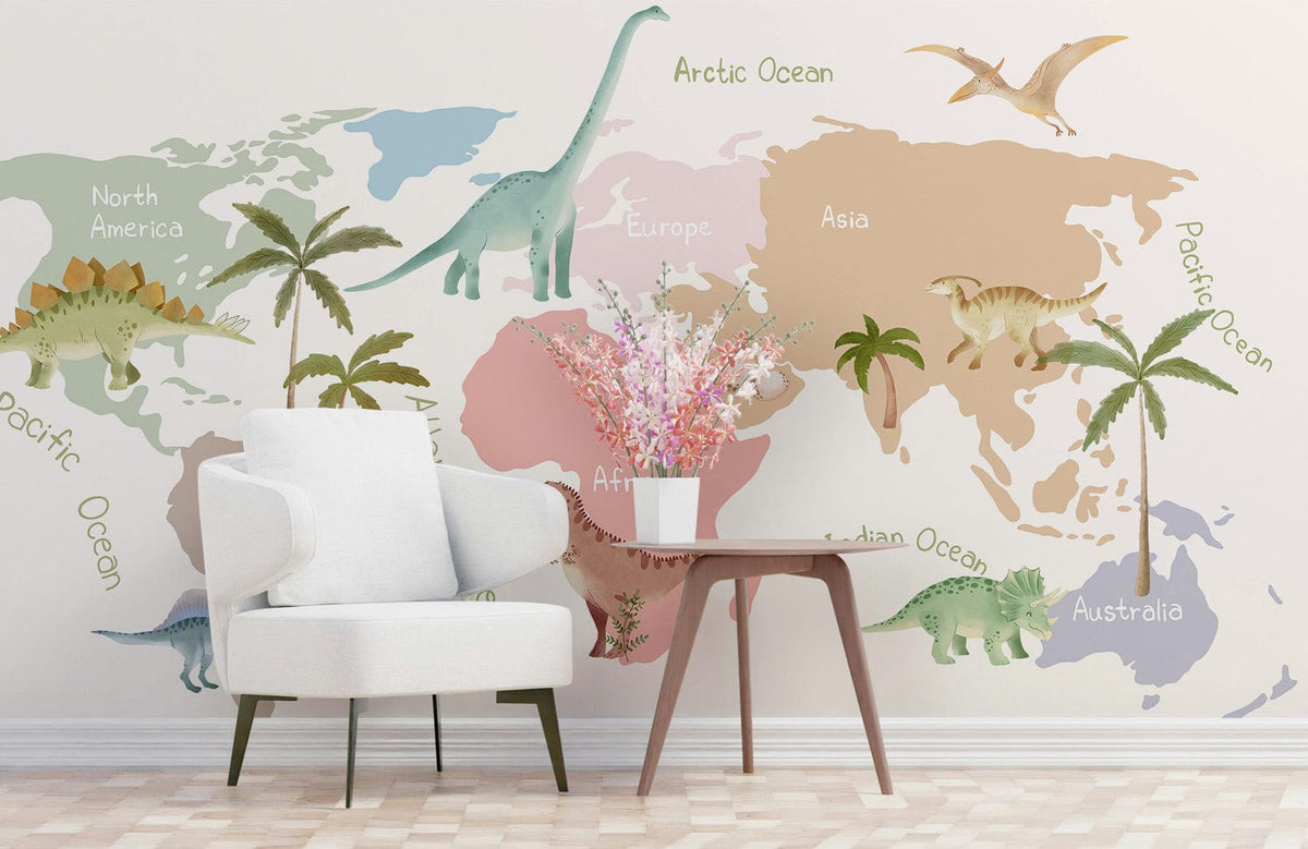 Children's Dinosaur World Map Mural Wallpaper; colourful educational decor, white chair, wooden table, light flooring.