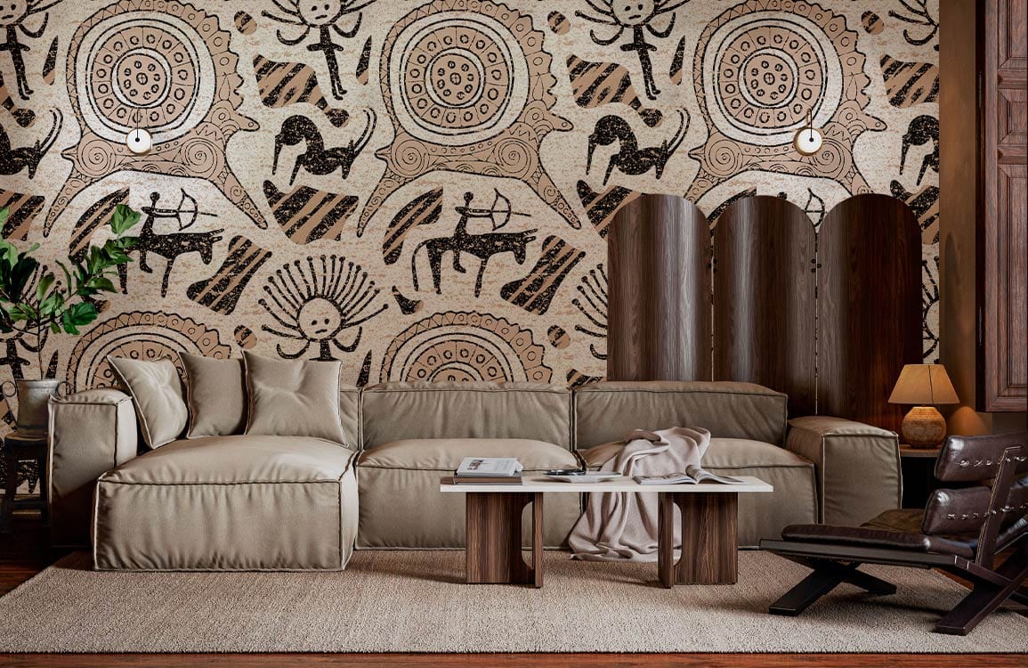 Rustic tribal pattern wallpaper in earth tones, beige sofa, wooden coffee table, bohemian interior.