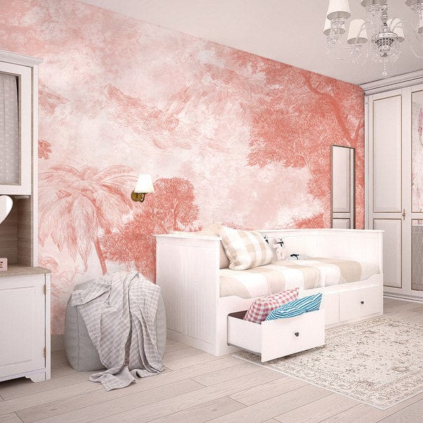 Elegant bedroom with Coral Scenic Jungle Mural Wallpaper, white daybed, oak flooring, and soft decor accents.