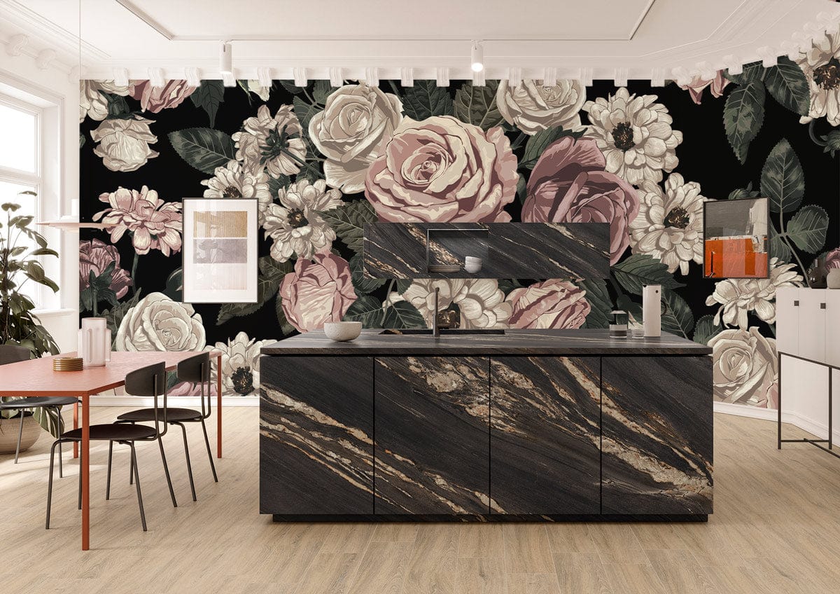 Vintage Floral Elegance wallpaper in kitchen setting with marble island, wooden flooring, and modern chairs.