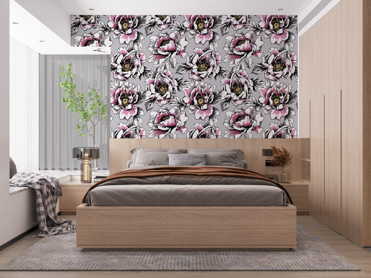 Romantic floral blossom wallpaper in bedroom with grey decor, modern bed, stylish wood furnishings, elegant setting.