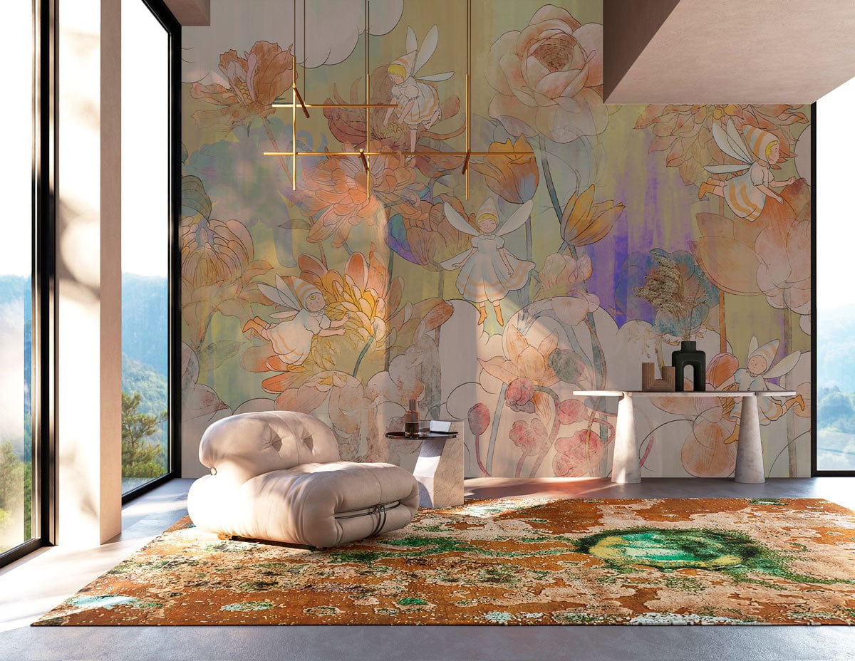Pastel Dreamscape Floral Wallpaper, watercolour blossoms, soft hues, modern room with plush sofa, abstract rug.