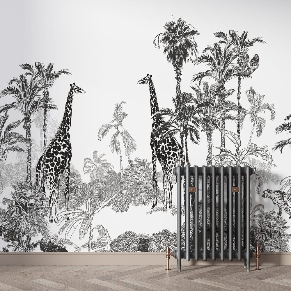 Monochrome wildlife wallpaper mural in living room with herringbone flooring and black radiator.