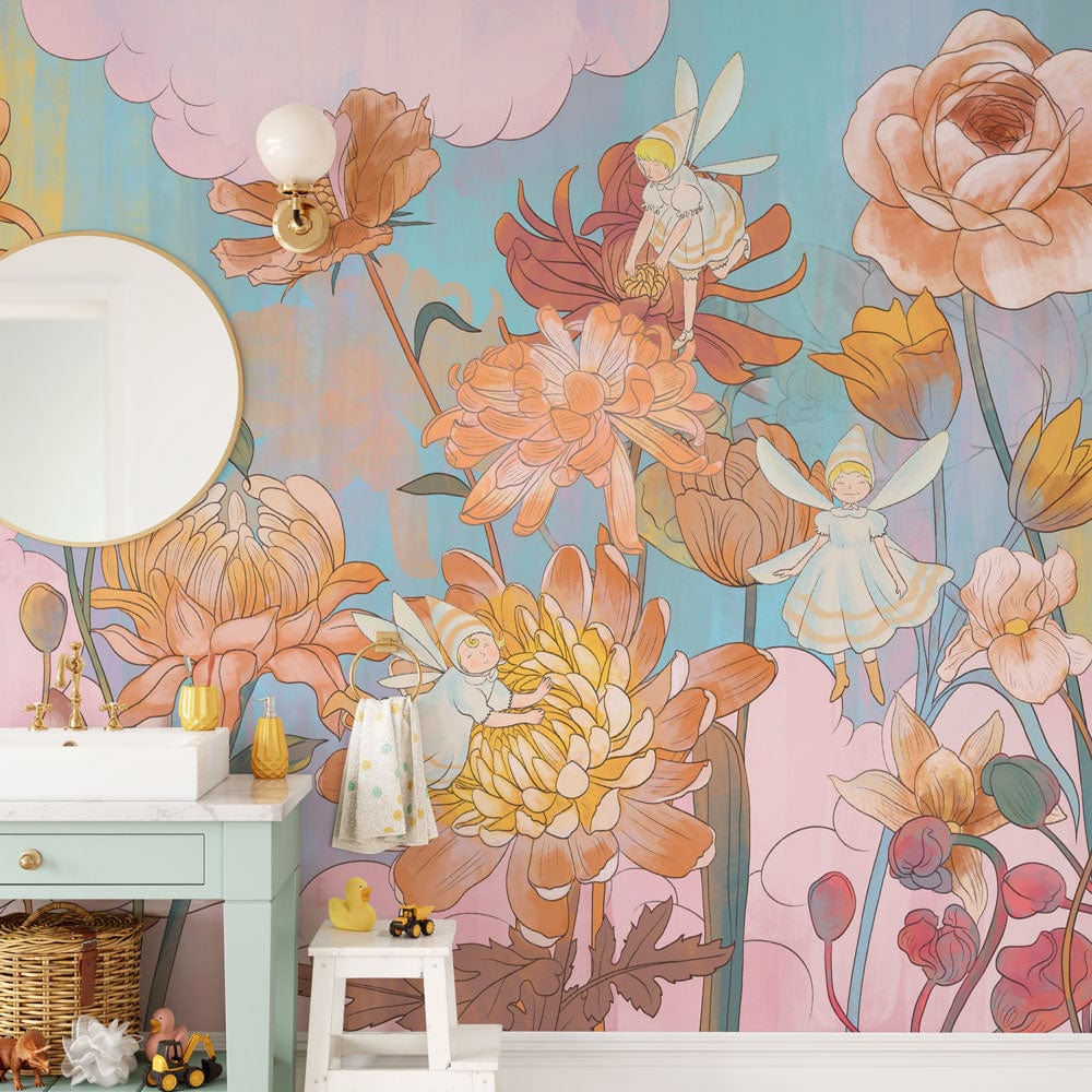 Vibrant pastel floral wallpaper, soft blush and aqua tones, fairy garden mural, bathroom mirror.