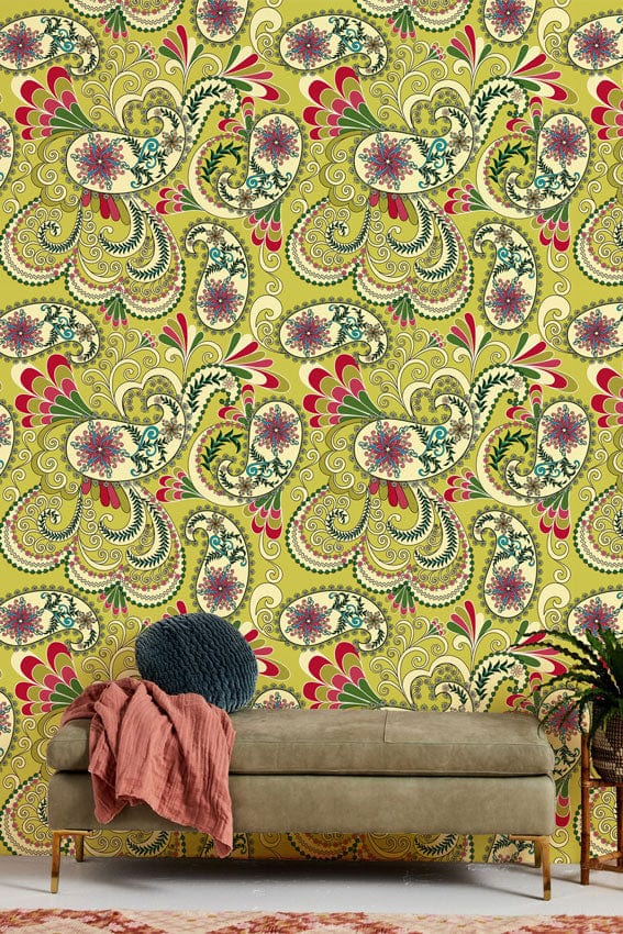 Olive sofa, Vintage Floral Paisley Wallpaper in Green and Red, retro decor, living room setting.