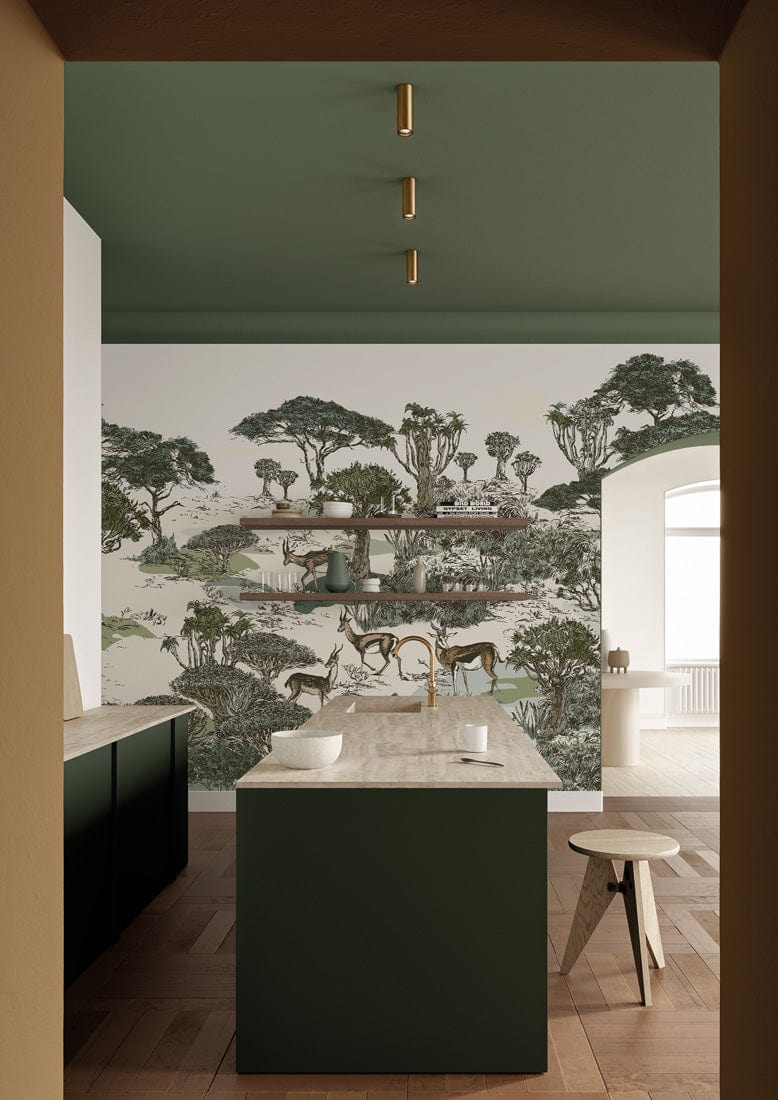 Elegant kitchen featuring Serene Safari mural wallpaper, green cabinets, wooden flooring, and minimalist decor.