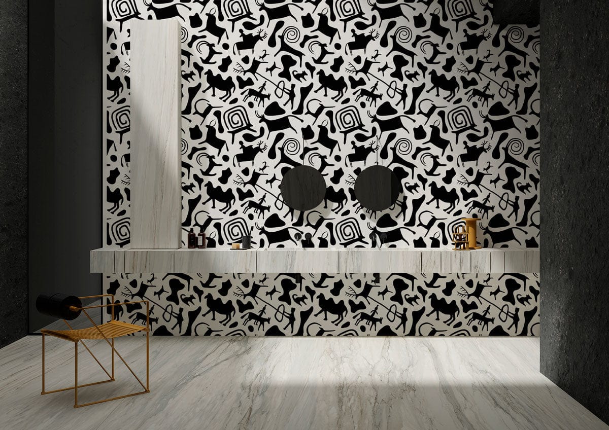 Monochrome Tribal Abstract Pattern Mural Wallpaper in modern bathroom with marble flooring, minimalist decor.