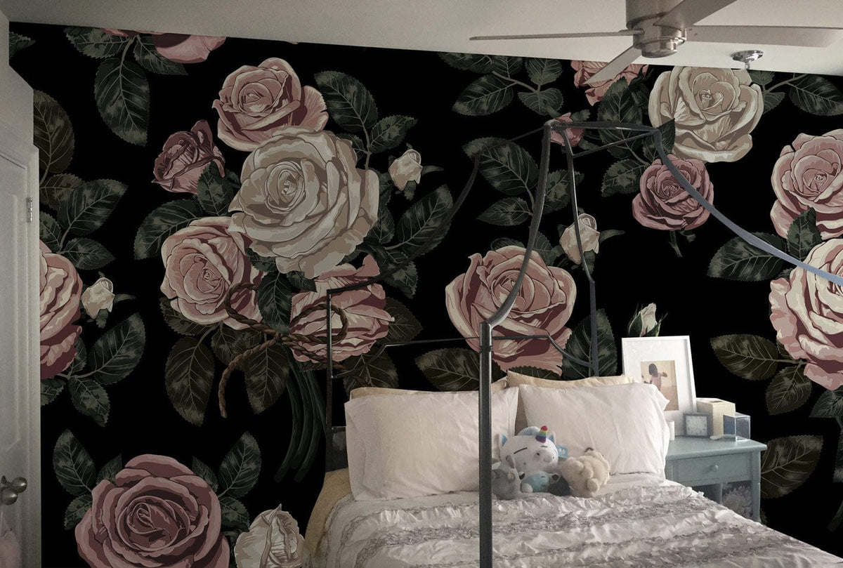 Elegant Vintage Floral Wallpaper in Bedroom with Four-Poster Bed, White Bedding, and Soft Blue Nightstand.