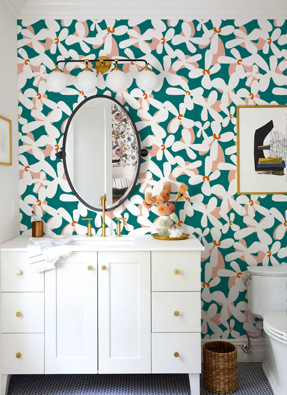 Elegant green and white birds mural wallpaper in bathroom with white vanity and modern mirror.