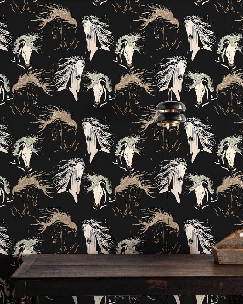 Enchanted Woodland Creatures wallpaper with black pattern, rustic table, dark wood flooring, and elegant design.