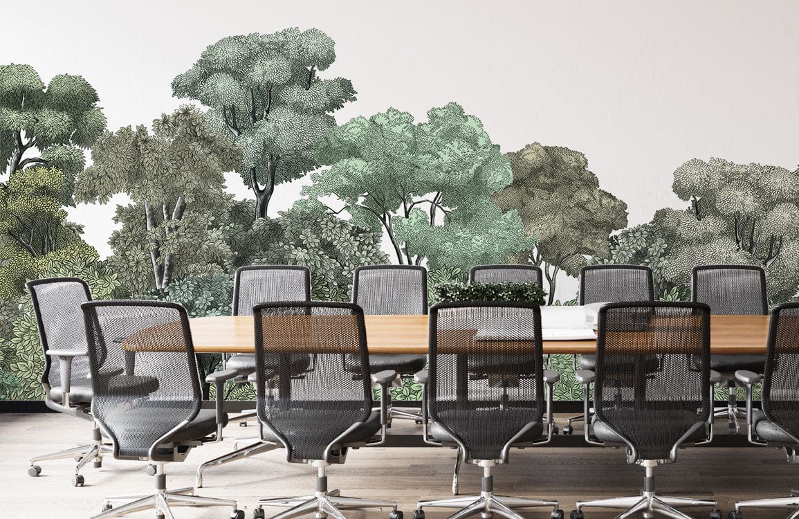 Office with Serene Forest Green Canopy Mural Wallpaper, modern conference chairs, wooden table, hardwood flooring.