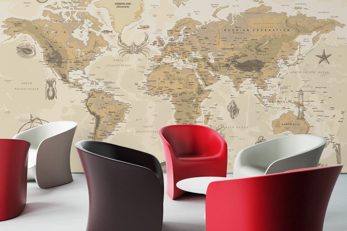 Vintage Sepia World Map Mural Wallpaper with nautical illustrations, featuring colourful modern chairs in room.
