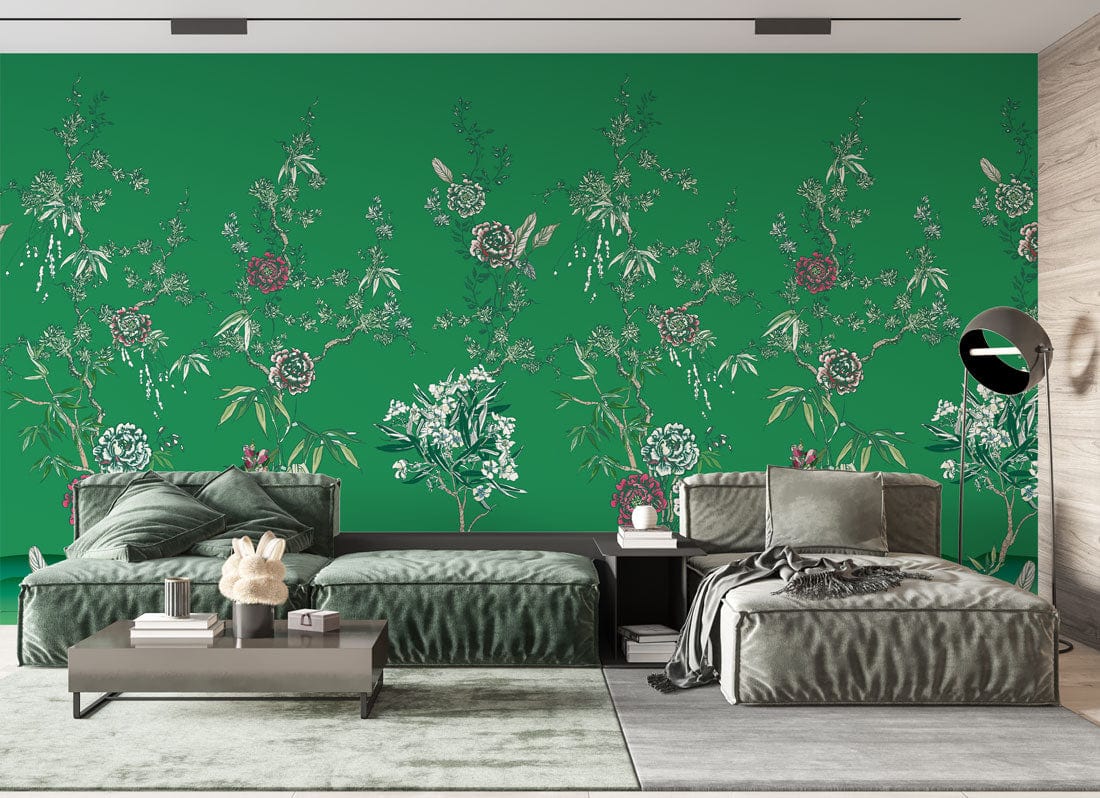Elegant green floral wallpaper with vintage peony, grey velvet sofa, modern lamp, luxury living room.