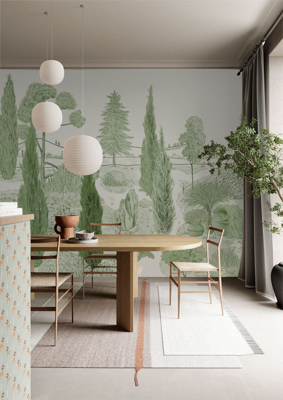 Tranquil countryside mural wallpaper in dining room with green tones, minimalist chairs, round table.