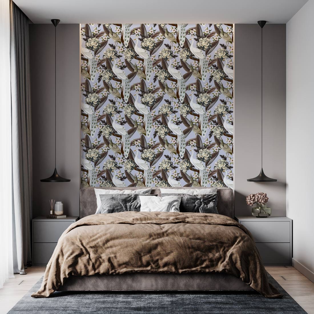 Charming vintage bird wallpaper in soft earthy hues in a modern bedroom with grey walls and bed.