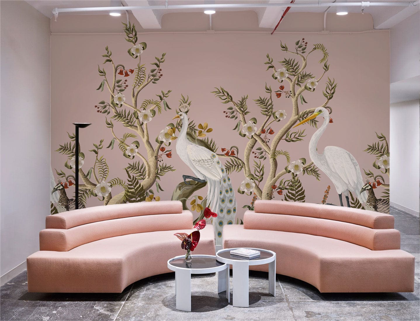 Elegant Heron Botanical Mural Wallpaper in Soft Pink and Green Tones