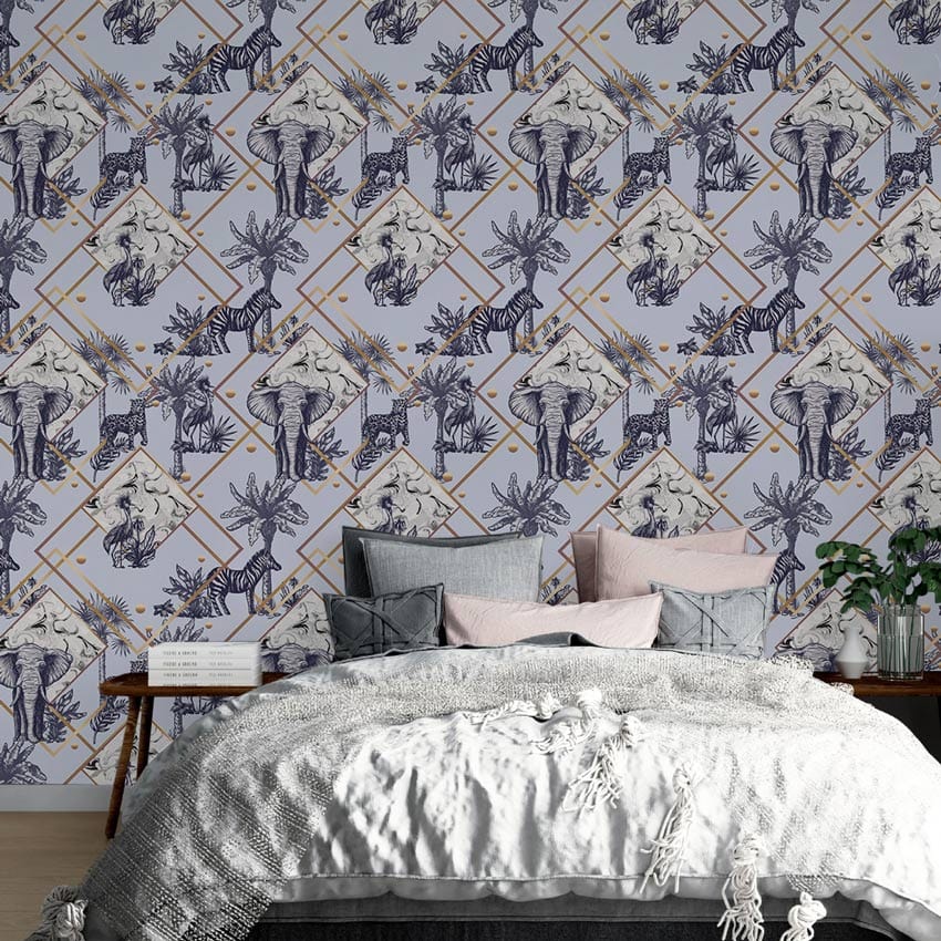 Elegant Safari Adventure Mural Wallpaper complements grey sofa, wooden table, and decor in modern bedroom setting.