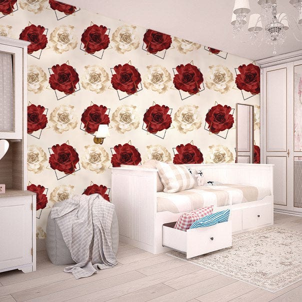 Elegant rose wallpaper in red and cream in living room; white sofa, light wood floor, white furniture.