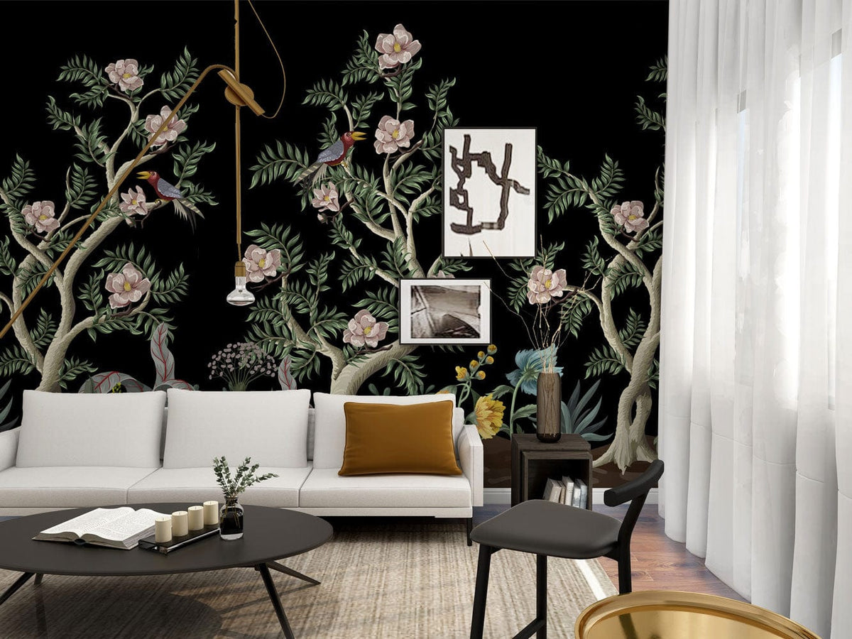 Elegant botanical mural wallpaper with birds, white sofa, modern decor, and wooden flooring in living room.