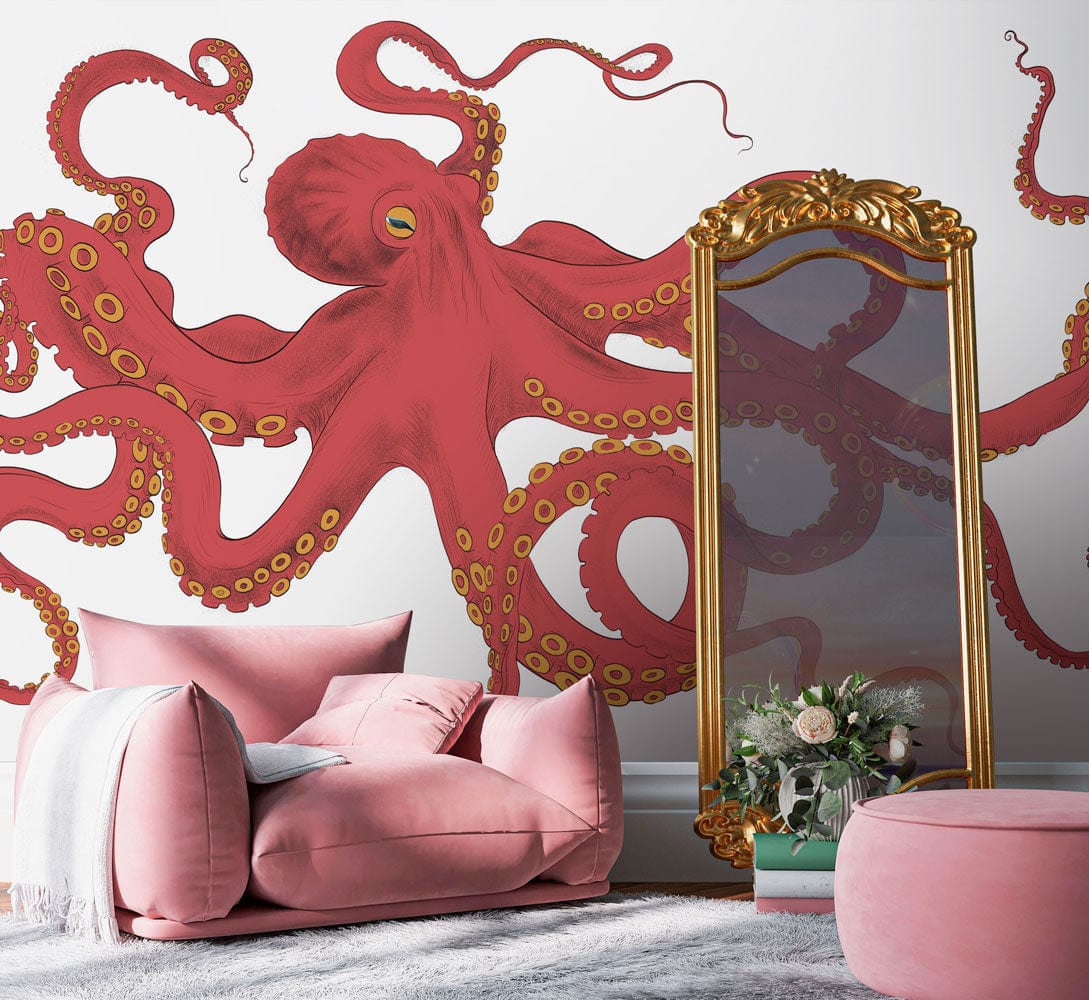 Vibrant red octopus mural wallpaper with pink sofa, gilded mirror, plush carpet in coastal-themed room.