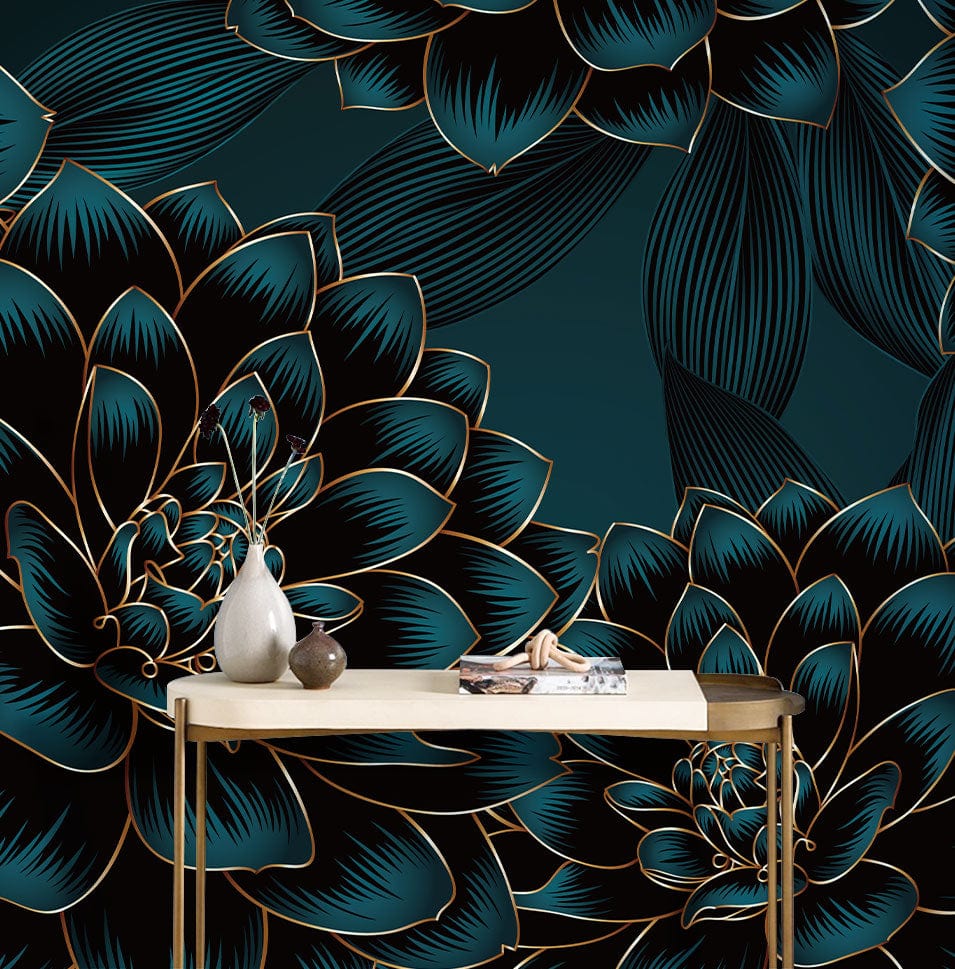 Emerald Black Floral Wallpaper Mural with table; luxurious botanical pattern in elegant room setting.